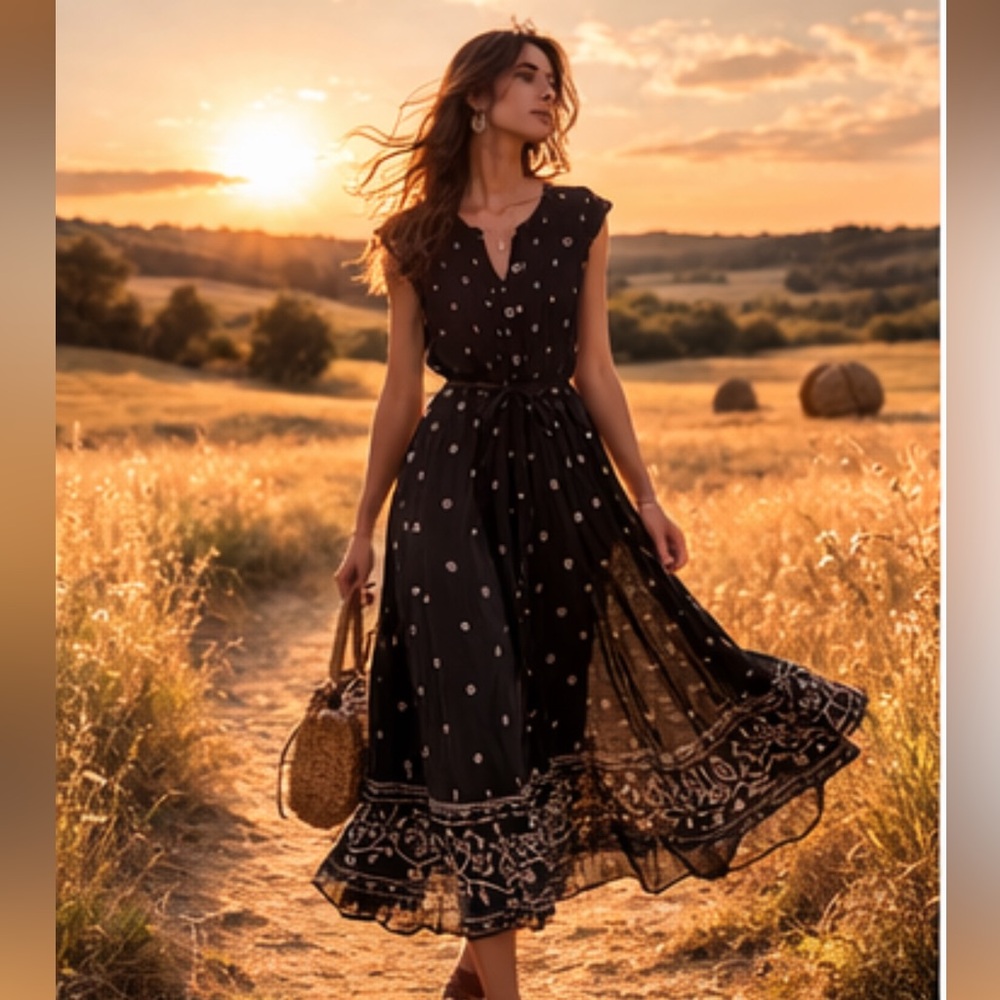 Vintage Cotton Sheer‎ Button Down Paisley Black Floral Dress